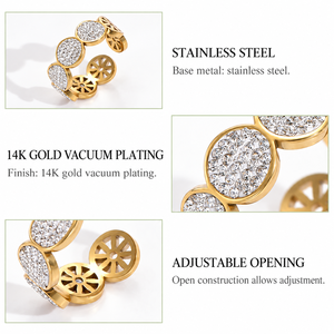 Gold Adjustable Zircon <b>Ring</b> <b>Stainless</b> <b>Steel</b> 14K Gold Vacuum Plated Round Disc Open Band Jewelry - Product Image 3