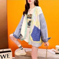 Femmes automne hiver Cardigan lâche tricots Denim tissu Offre Spéciale en gros couleur bonbon bouton Jacquard imprimé Long pull