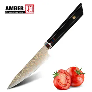 Amber pisau dapur baja Damaskus tembaga kualitas terbaik pisau paring utilitas roti koki dengan pegangan Resin warna inlay G10
