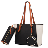 Ensemble de sacs fourre-tout 3-en-1 pour femme, grande capacité, en cuir PU, sac à bandoulière avec porte-monnaie rond et pochette, sacoche color block