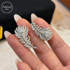 Aazuo – ensemble de bijoux de luxe en or blanc massif 18 carats, diamants de laboratoire, bague en forme de plume, boucles d'oreilles, collier, haute joaillerie pour femme, pour banquet haut de gamme - Product Image 3