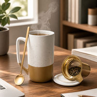 Grande tasse à thé en grès avec infuseur, couvercle et cuillère, finition mate mouchetée, en céramique, pour la maison et le bureau