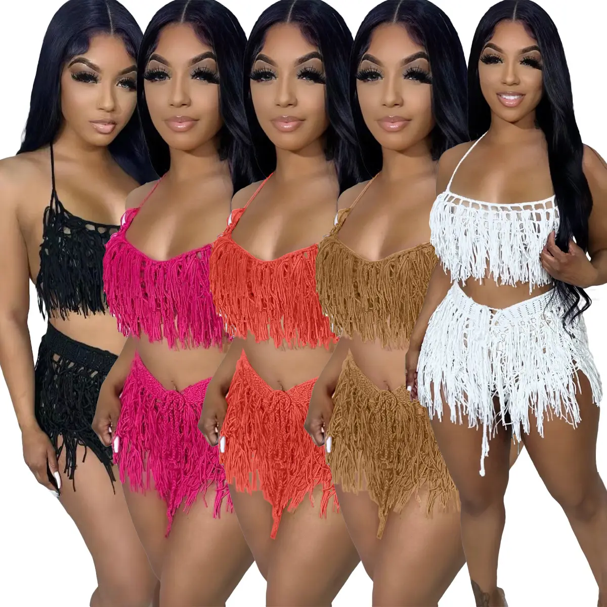 Summer Women Clothing Crochet 2 Piece Shorts Set Casual Ladies Hollow out Crop Top Two Piece set Sexy Swimsuits