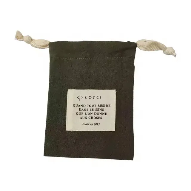 Kantong hadiah tali tarik katun Linen Label anyaman krem lembut daur ulang tas debu dengan Label disesuaikan ukuran & Logo