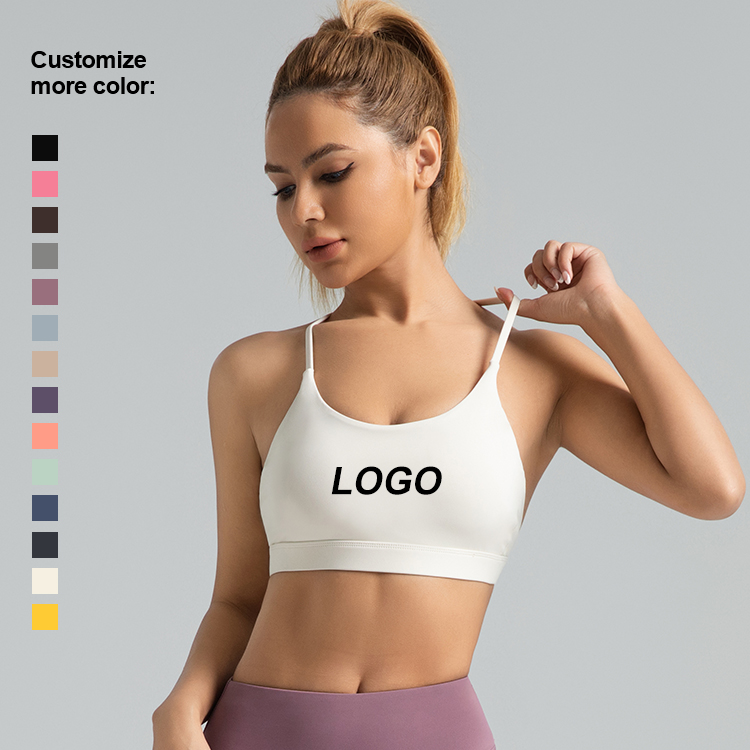 Custom Logo Short Spandex/Polyester Gym Yoga Sports Bra Women High Support Deep V-Neck Strappy Cross Back Casual Breathable