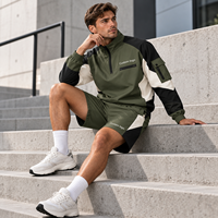 Ensemble d'entraînement personnalisé color block avec veste tissée à quart de zip et short cargo pour homme, logo imprimé, idéal pour les tenues décontractées du week-end