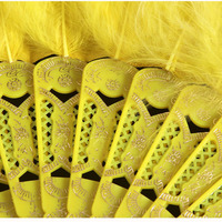 Éventails pliants classiques pas chers en plastique avec plumes multicolores et pompons brodés or pour carnaval et spectacle de danse