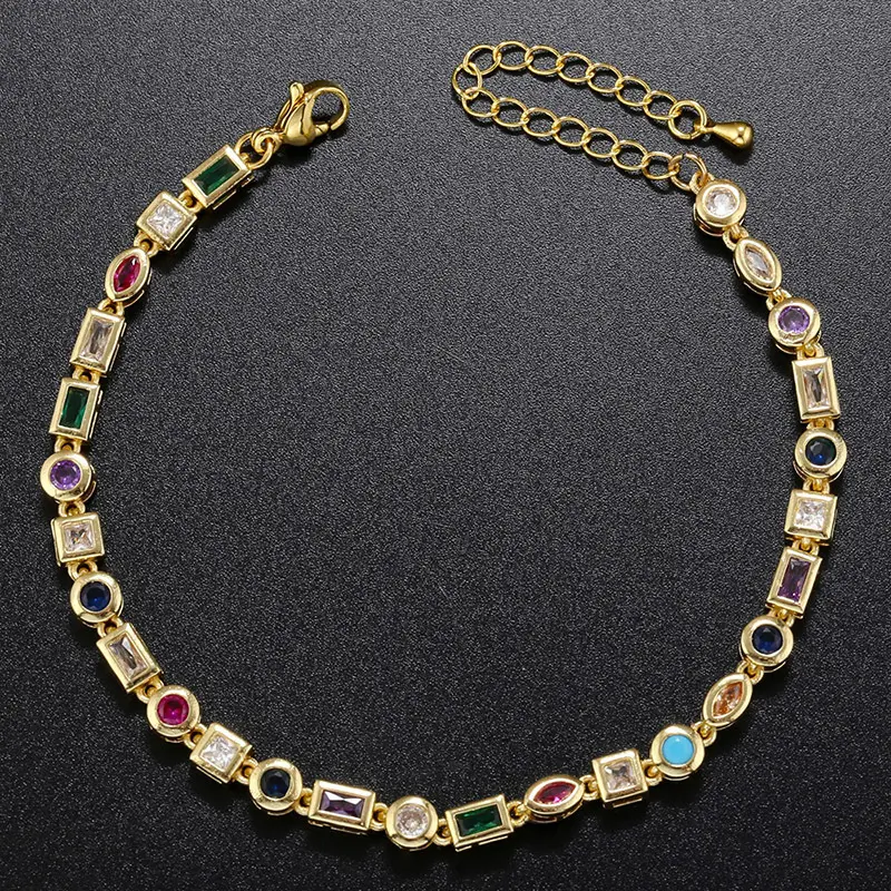 Pulsera con abalorio de Zirconia cúbica Iced Out Rainbow Diamond Tennis Link Bracelet 18K chapado en oro Multi Gemstone Bracelet para mujer