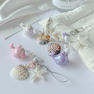 Porte-clés de téléphone mignon sur le thème de l'océan avec breloque en forme de baleine et de coquillage perlé |   Pendentif de sac esthétique pour femmes et filles - Product Image 3