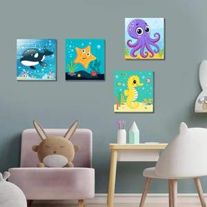 SONGWOOART Paquete de 4 Cuadros de 8x8 Pulgadas con Animales Marinos Adorables, Pintura Acrílica por Números para Decoración de Paredes - Product Image 4