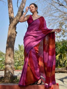 Sarees de Algodón Khadi de la Mejor Calidad con Bordado de Barra de Color y Borlas (Con Blusa), para Oficina/Uso Diario y Fiestas - Product Image 3