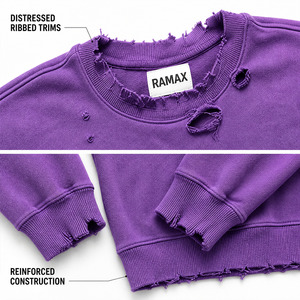เสื้อสเวตเชิ้ตคอกลมโอเวอร์ไซส์สำหรับผู้ชาย Ramax สีม่วง ดีไซน์ขาดๆ ผ้าฝ้ายเฟรนช์เทอร์รี่ สไตล์สตรีทแวร์ เสื้อพูลโอเวอร์สำหรับฤดูใบไม้ร่วง - Product Image 3