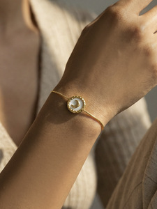 Hammered Rim Round Coin <b>White</b> MOP Crescent Moon Fine Snake Chain <b>Bracelet</b> - Product Image 3