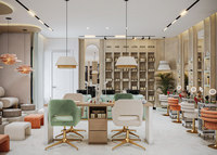 Salon de coiffure de luxe, couleur blanche, comptoir en pierre, style spécial, présentoir à personnaliser