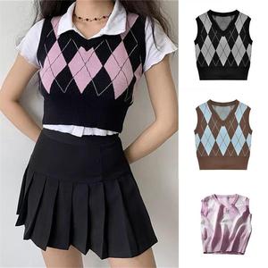 Vintage <span class=keywords><strong>Plaid</strong></span> Chandail Gilet Femmes V-cou Sans Manches Réservoir Collège Style À Tricoter Pulls Tops pour Tous Les Jours - Product Image 2