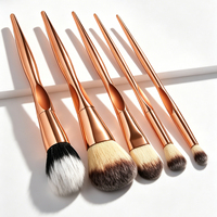 Set Kuas Makeup Mewah 5 Pcs Rose Gold dengan Logo Custom, Bulu Sintetis Vegan, untuk Wajah dan Mata, Termasuk Tas Kulit, MOQ Rendah