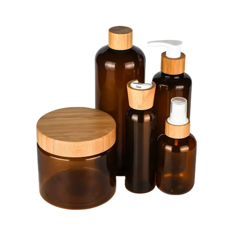 Kosmetik creme Verpackung Hautpflege Logo gefroste tes Bernstein glas mit Bambus deckel 50ml 150ml 250ml 500ml Lotion Shampoo flasche