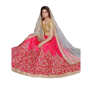 ชุดแต่งงานผ้าไหมปักลายด้ายสีเหลืองอมชมพู lehenga choli - Product Image 1