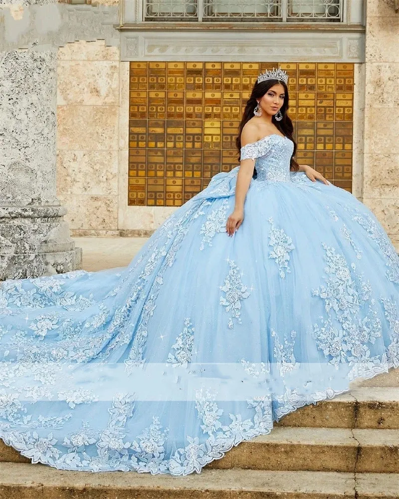 2025 Sky Blue Ball Gown Quinceanera Dresses Off Shoulder Beaded Appliques  Sweet 16 Dress Vestidos De 15 Anos MQ727