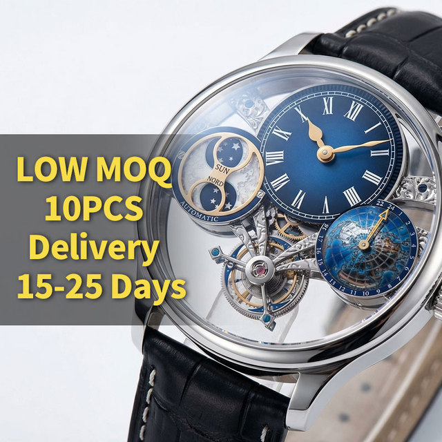 OEM ODM Custom logo Skeleton Watch 24H Rotating Globe Day Night Indicator Luxury Men Mechanical Automatic Wristwatch Low MOQ