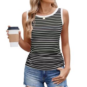 Camiseta sin mangas informal de verano para mujer, estilo europeo americano, ajustada, con cuello a rayas y bloques de color, de poliéster, nuevo estilo. - Product Image 6