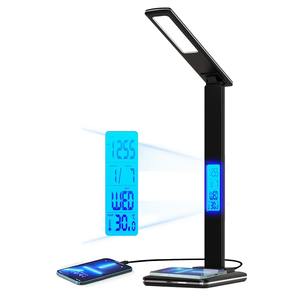 Lámpara de escritorio LED con cargador inalámbrico, luz nocturna de 10W, reloj despertador digital, pantalla de temperatura, lámpara de mesa de estudio con protección para los ojos - Product Image 1