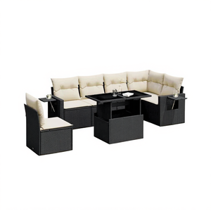 Ensemble de canapés de jardin en rotin noir avec coussins crème, mobilier d'extérieur au design contemporain, résistant à l'eau et aux UV, en rotin PE - Product Image 1