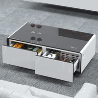 Table basse intelligente avec mini-réfrigérateur intégré, double tiroir de rangement et haut-parleurs pour la charge sans fil