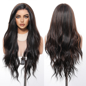 Style libre 13x6 dentelle perruque future fibre synthétique vague naturelle cheveux bouclés perruque scène réelle Photo haute densité noir brun rayé - Product Image 1