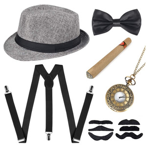 Ensemble d'accessoires pour homme des années <span class=keywords><strong>1920</strong></span> : Chapeau Fedora, Bretelles, Brassards, Nœud papillon à nouer, et Oreilles – Kit de déguisement - Product Image 4