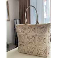 Tas Tote Rajut Kain Katun Beige Premium Buatan Tangan, Tas Selempang Granny Square Besar, Elegan Boho Musim Panas Pantai, Kancing Magnetik