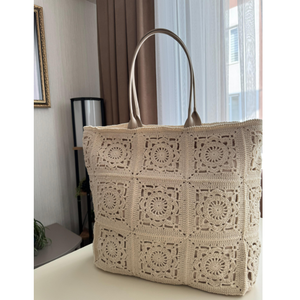 Premium Handmade Beige Crochet Tote <b>Bag</b> Large Granny Square Shoulder <b>Bag</b> Elegant <b>Boho</b> Summer Beach <b>Bag</b> - Product Image 3