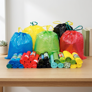 Sacs rétractables colorés et recyclables avec cordon de serrage, sacs poubelles jetables pour la maison en rouleaux bleus, verts, rouges, jaunes, noirs - Product Image 1