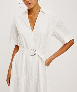 เดรสเชิ้ตผ้าฝ้ายผสมลินินพิมพ์ลายนามธรรมสำหรับผู้หญิง คอปก แขนสั้น มีเข็มขัด ยาวคลุมเท้า สไตล์วินเทจลำลอง ชุดเดรสทำงาน - Product Image 6