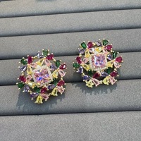 TIANSHE Ensemble de boucles d'oreilles et bague en zircon, design fleuri multicolore à pampilles, de luxe, haut de gamme, exquis et élégant