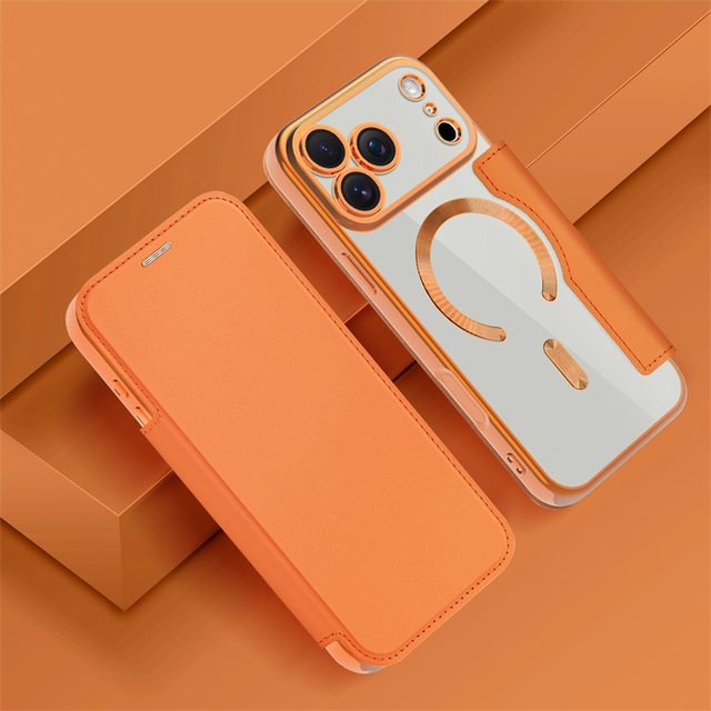 Leather Wallet Card Clip Magnetic Clear Phone Case for iphone 17 Pro Max 16 15 17E 14 Pro Plating Wireless Charge Flip Cover
