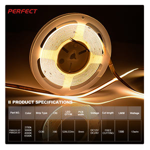 Tira de Luz LED COB de Bajo Voltaje, 1300lm, CRI90, 5m*8mm, Flexible, Opcional, Ahorro de Energía, 528 LED, Calidad Directa de Fábrica - Product Image 4