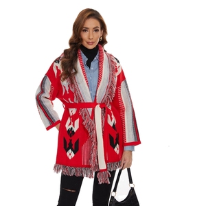 <span class=keywords><strong>Cardigan</strong></span> Invernale Boho con Motivi Geometrici Jacquard, Oversize, Maniche Lunghe, Colletto con Nappine Vintage, <span class=keywords><strong>Rosso</strong></span> - Product Image 1