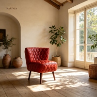 Fauteuil d'appoint capitonné en cuir avec motif losanges, fauteuil lounge sans accoudoirs de style Mid-Century Modern avec pieds en bois pour salon ou coin lecture