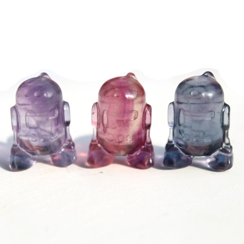 Atacado preço natural arco-íris cristal de fluorite mini filme R2-D2 figura para presente