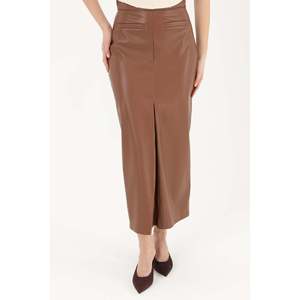 Puane Women's Stylish Brown <b>Slit</b> Front Faux Leather <b>Skirt</b> - Modern High Waist <b>Pencil</b> Design for Elegant Evening Wear - Product Image 4