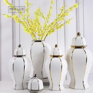 Merlin viva fábrica de cerâmica venda direta branco jarra de gengibre com faixa de ouro e tampa simples para vaso de cerâmica branco