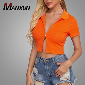 New Fashion Collared Zip Up Top corto da donna in maglia a costine arancione Casual Crop Top camicette da donna Slim Fit tinta unita - Product Image 1