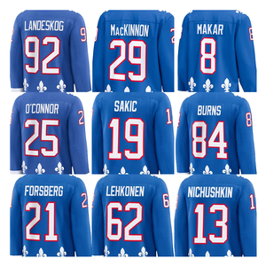 Nouveau Maillot de Hockey sur Glace 2026 Bleu avec Surpiqûres en Spandex/Coton – 29 Nathan MacKinnon, 8 Cale Makar, 19 Sakic, 92 Landeskog, 25 O'Connor - Product Image 1