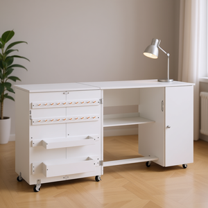 Table de machine à coudre blanche avec plateaux, bureau pliant, mobilier de bureau, design moderne et minimaliste, rectangulaire, autoportant - Product Image 2