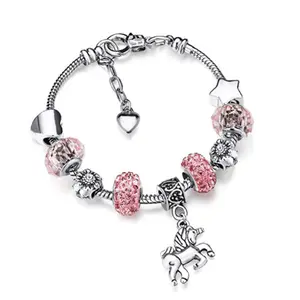 HOVANCI 2020 DIY Pink Crystal CZ Hores Bracelet Dangle Kids Female Heart Bead Charm Bracelet