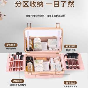 Valise de maquillage rose en ABS avec miroir et lumière LED, boîte de rangement cosmétique portable pour usage domestique - Product Image 2