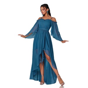 Abito Estivo in Chiffon con Bordo Arricciato, Vestito Lungo Aderente Tinta Unita per Vacanze al Mare - Product Image 5