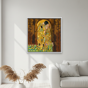 Gustav Klimt's The Kiss: Printed Canvas Art, Elegant Symbolism,WHITE <b>FRAMED</b> CANVAS - Product Image 3