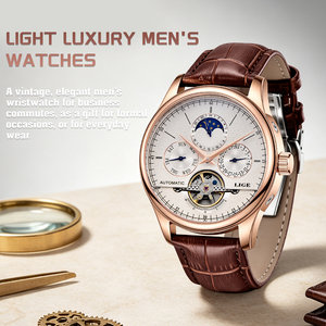 <span class=keywords><strong>Orologi</strong></span> da <span class=keywords><strong>Uomo</strong></span> LIGE LG6826 Orologio Meccanico Automatico Tourbillon in Pelle Marrone Casual da Lavoro con Confezione Regalo - Product Image 4
